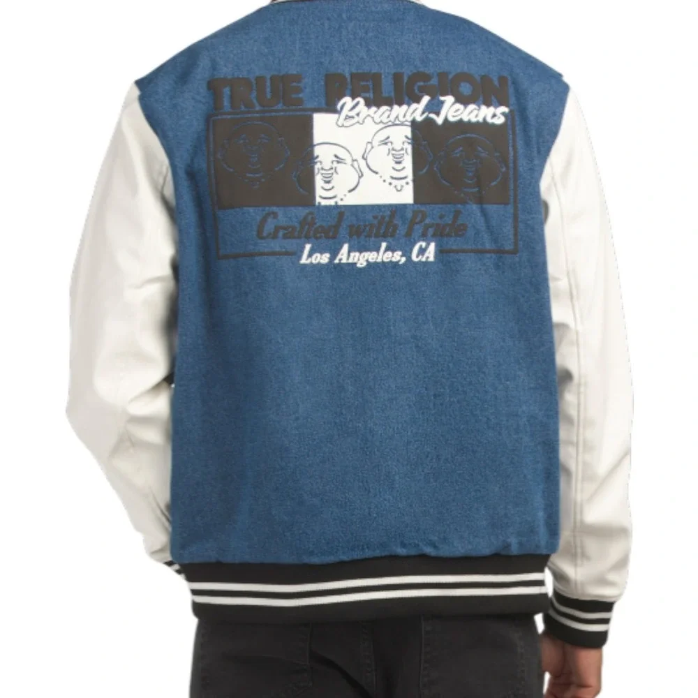 True Religion Mens Varsity Jacket Blue Denim White Sleeve Buddha Logo Size Large